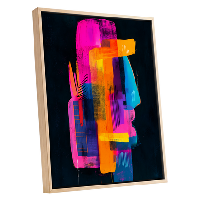 Neon Interlock, black, pink, orange abstract wall art shown as a oak framed canvas wall art