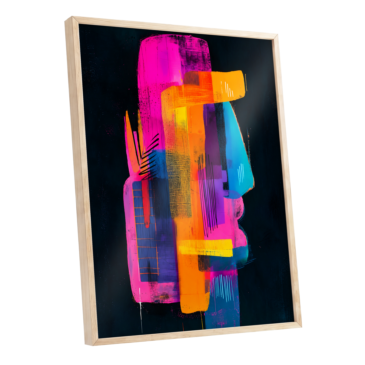 Neon Interlock, black, pink, orange abstract wall art shown as a oak framed poster wall art print