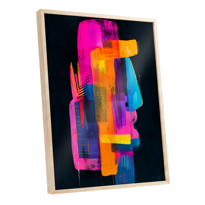 Neon Interlock, black, pink, orange abstract wall art shown as a oak framed poster wall art print