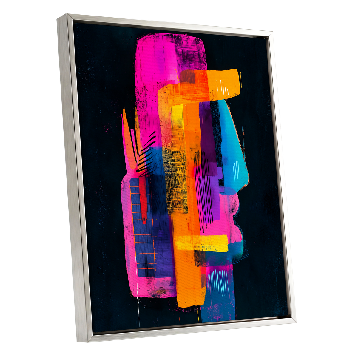 Neon Interlock, black, pink, orange abstract wall art shown as a silver framed canvas wall art