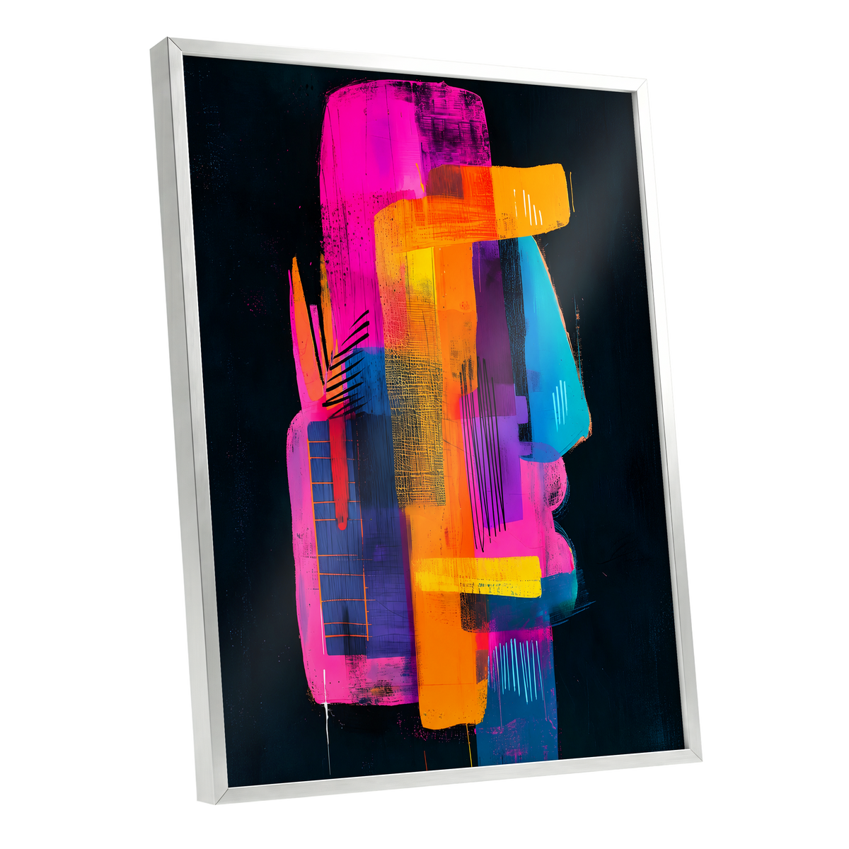 Neon Interlock, black, pink, orange abstract wall art shown as a silver framed poster wall art print