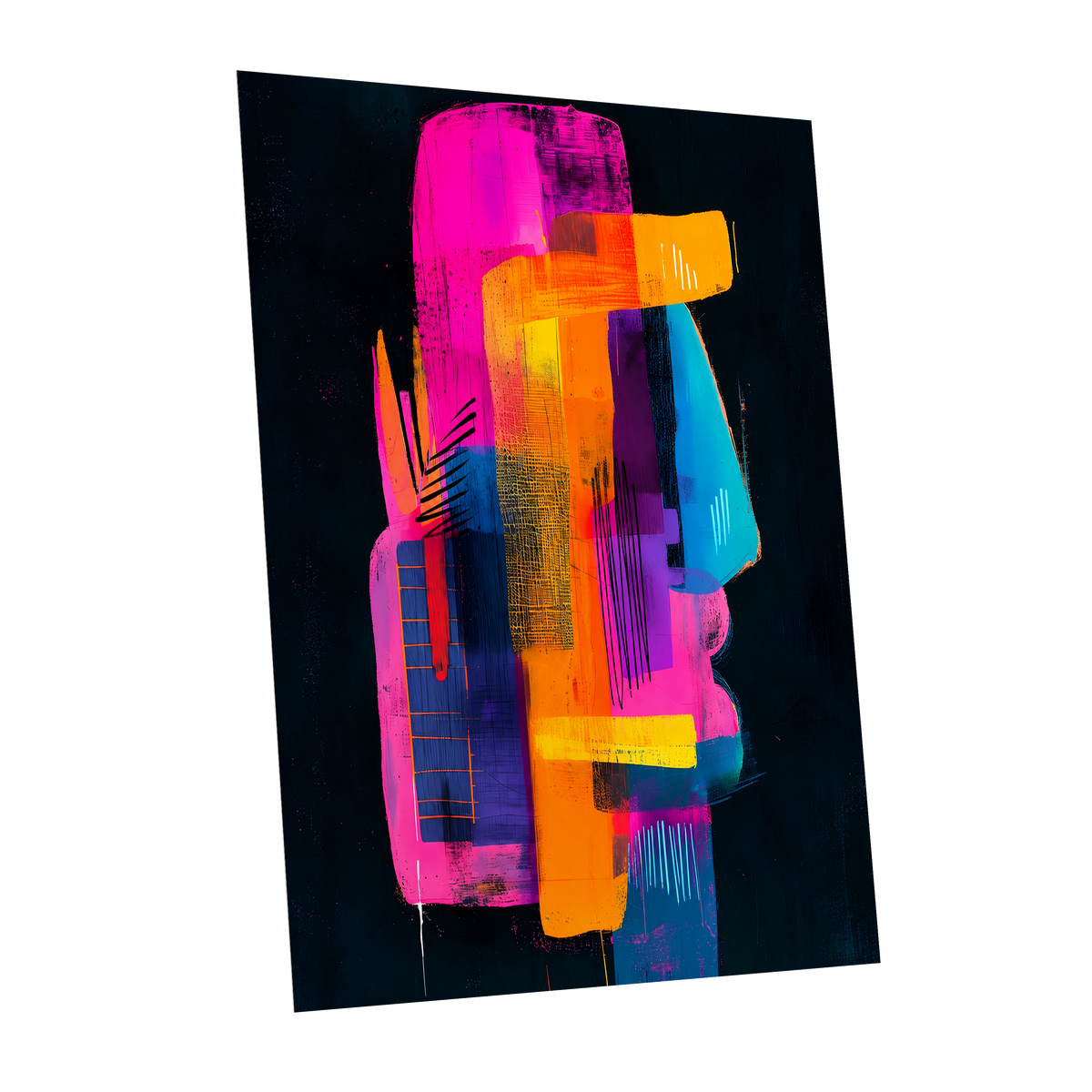 Neon Interlock, black, pink, orange abstract wall art shown as a unframed poster wall art print