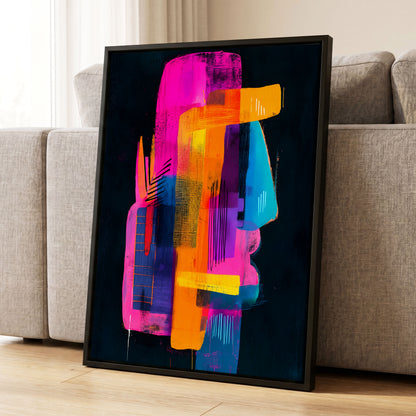 Neon Interlock, black, pink, orange abstract wall art displayed in a styled interior, gallery view 1