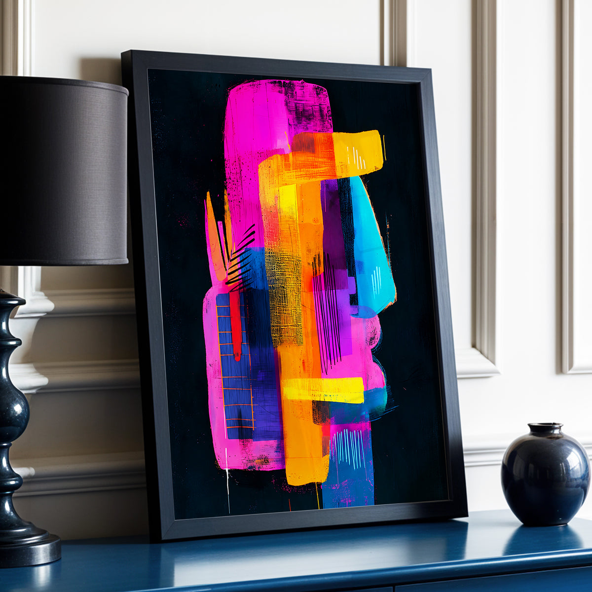 Neon Interlock, black, pink, orange abstract wall art displayed in a styled interior, gallery view 2