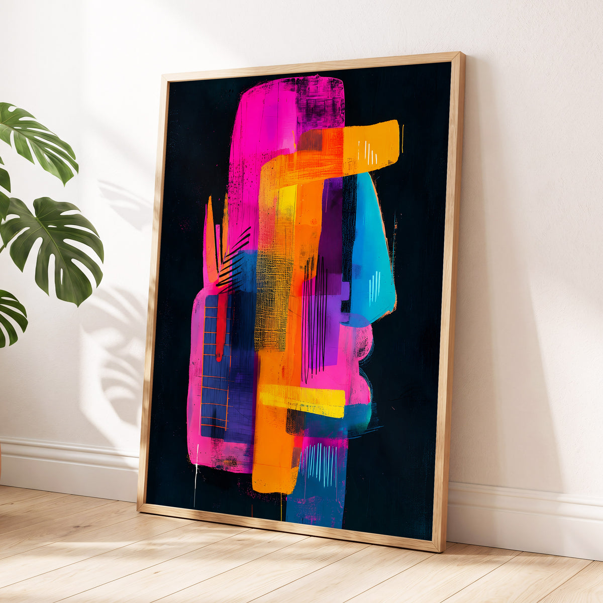 Neon Interlock, black, pink, orange abstract wall art displayed in a styled interior, gallery view 3