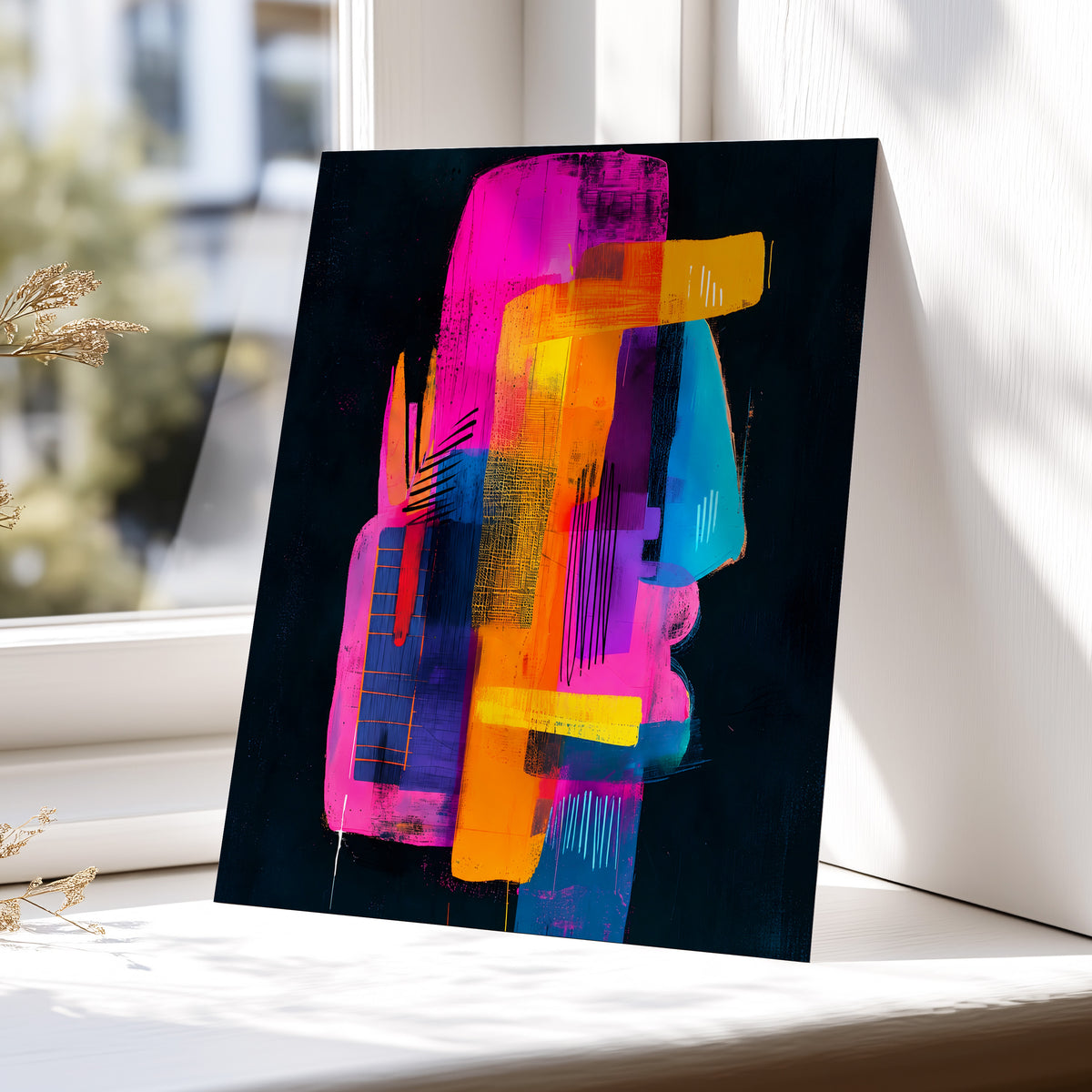 Neon Interlock, black, pink, orange abstract wall art displayed in a styled interior, gallery view 4