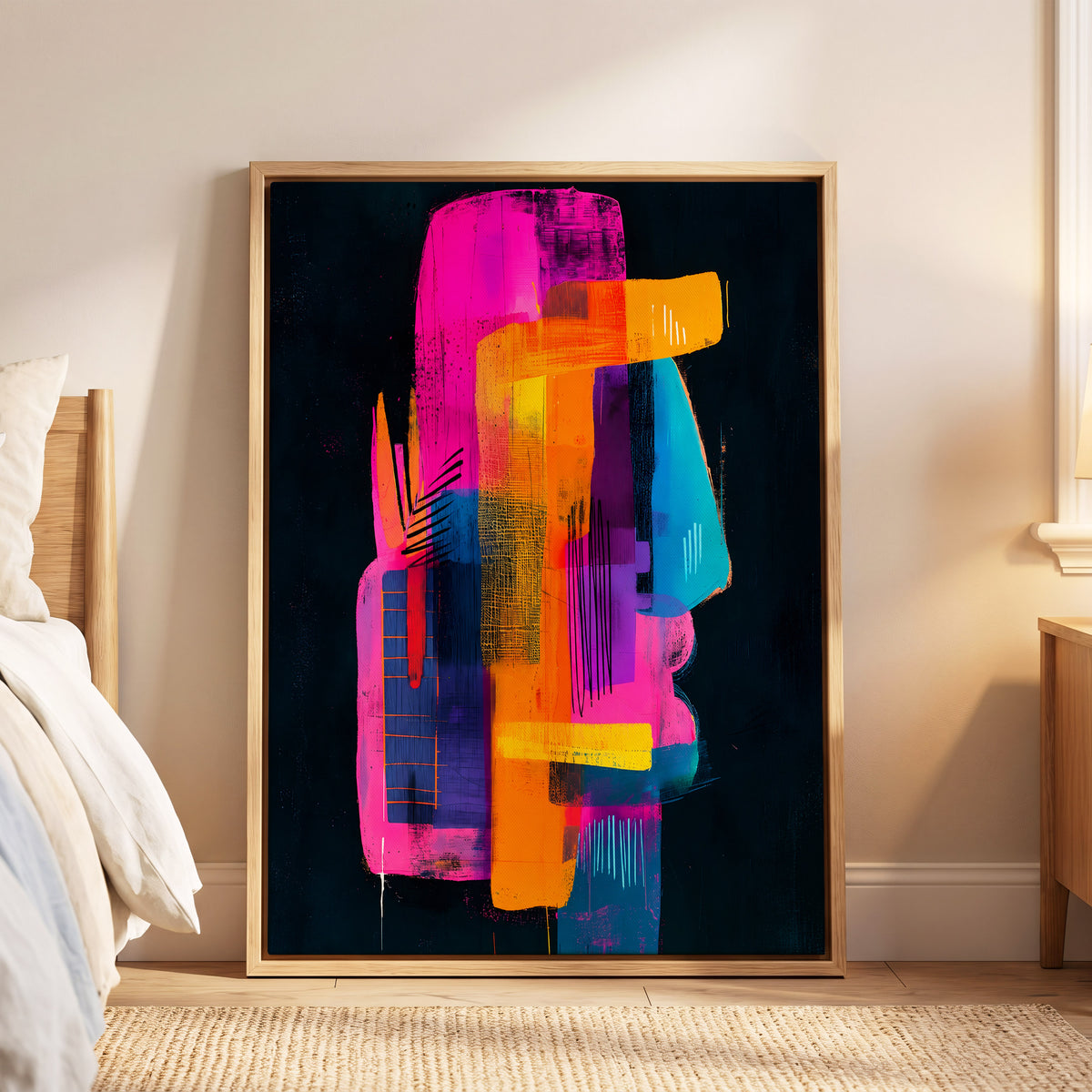 Neon Interlock, black, pink, orange abstract wall art displayed in a styled interior, gallery view 5