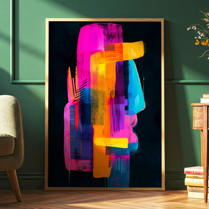 Neon Interlock, black, pink, orange abstract wall art displayed in a styled interior, gallery view 6