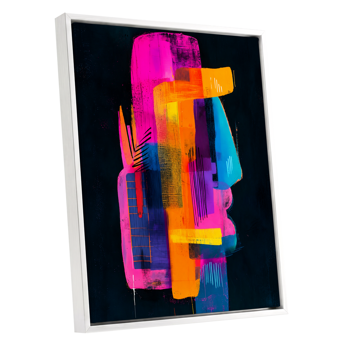 Neon Interlock, black, pink, orange abstract wall art shown as a white framed canvas wall art