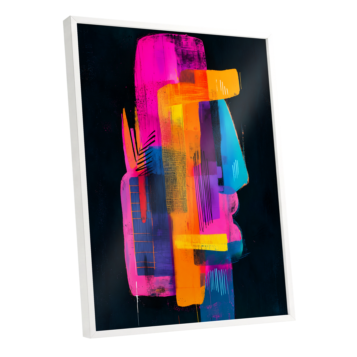 Neon Interlock, black, pink, orange abstract wall art shown as a white framed poster wall art print