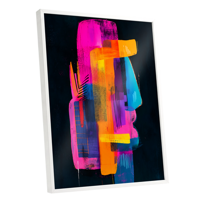 Neon Interlock, black, pink, orange abstract wall art shown as a white framed poster wall art print