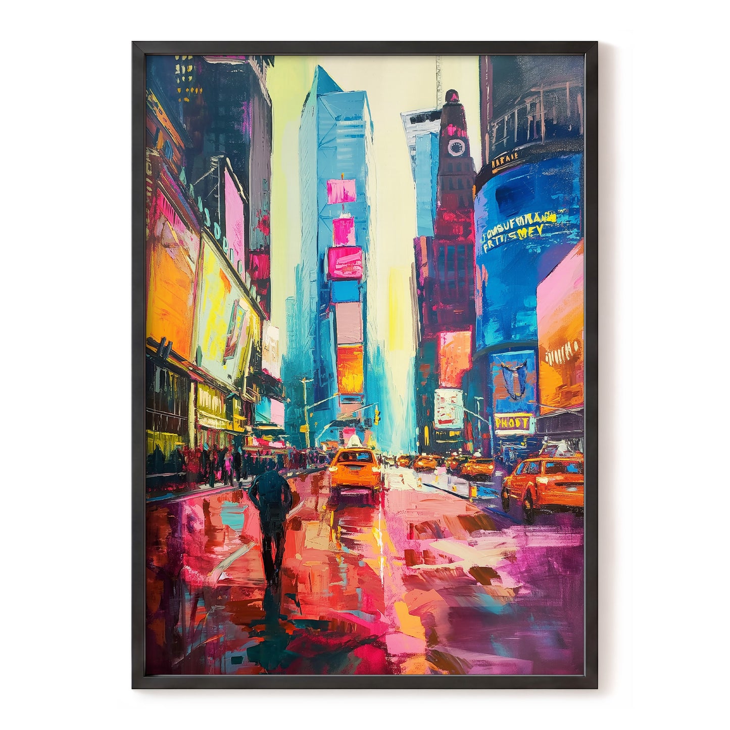 Neon Manhattan Rush, blue, pink, orange abstract wall art, front artwork view