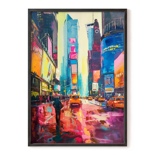 Neon Manhattan Rush, blue, pink, orange abstract wall art, front artwork view
