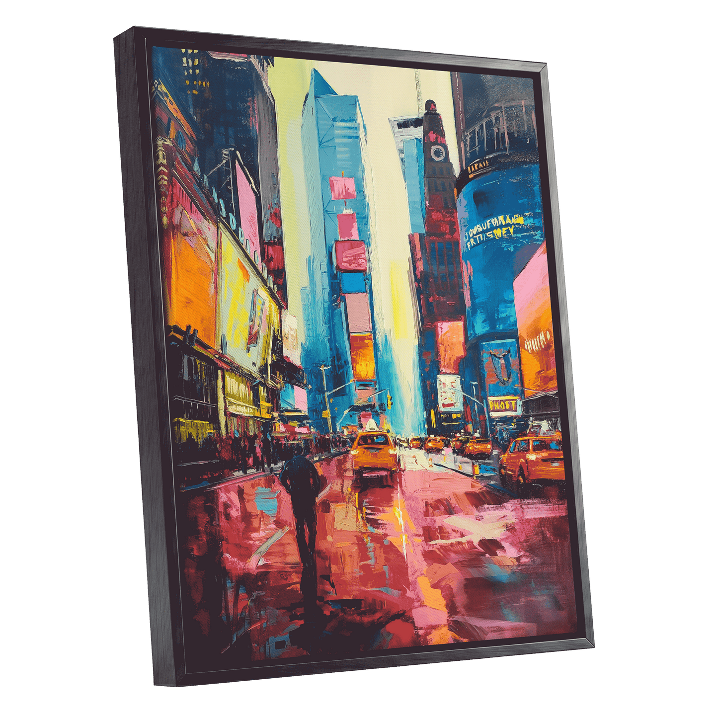 Neon Manhattan Rush, blue, pink, orange abstract wall art shown as a black framed canvas wall art