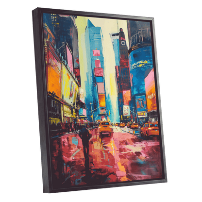Neon Manhattan Rush, blue, pink, orange abstract wall art shown as a black framed canvas wall art