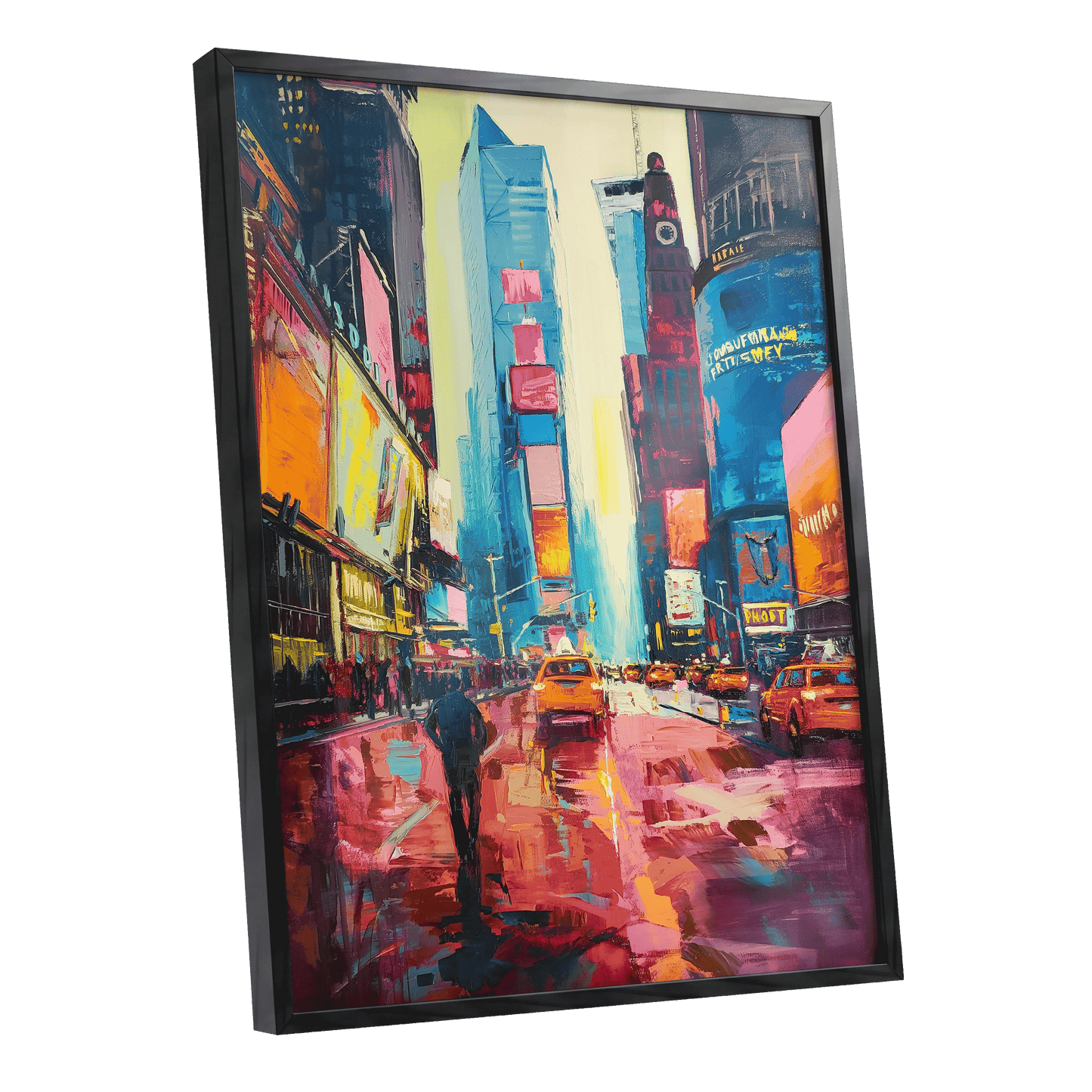 Neon Manhattan Rush, blue, pink, orange abstract wall art shown as a black framed poster wall art print