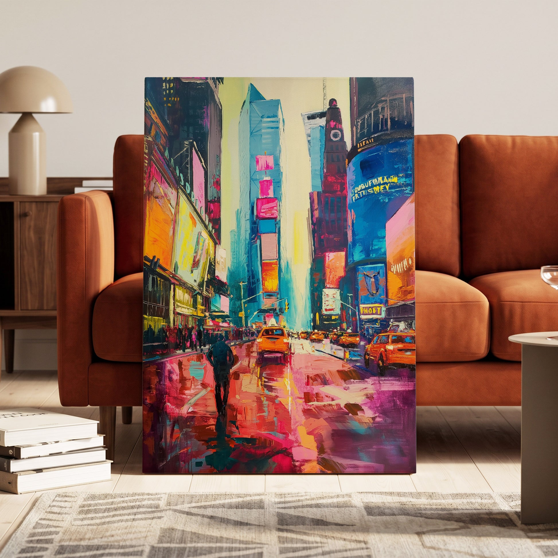 Neon Manhattan Rush, blue, pink, orange abstract wall art on canvas displayed in a styled interior, gallery view 1