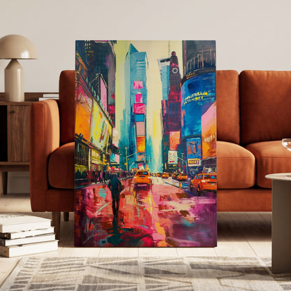 Neon Manhattan Rush, blue, pink, orange abstract wall art on canvas displayed in a styled interior, gallery view 1