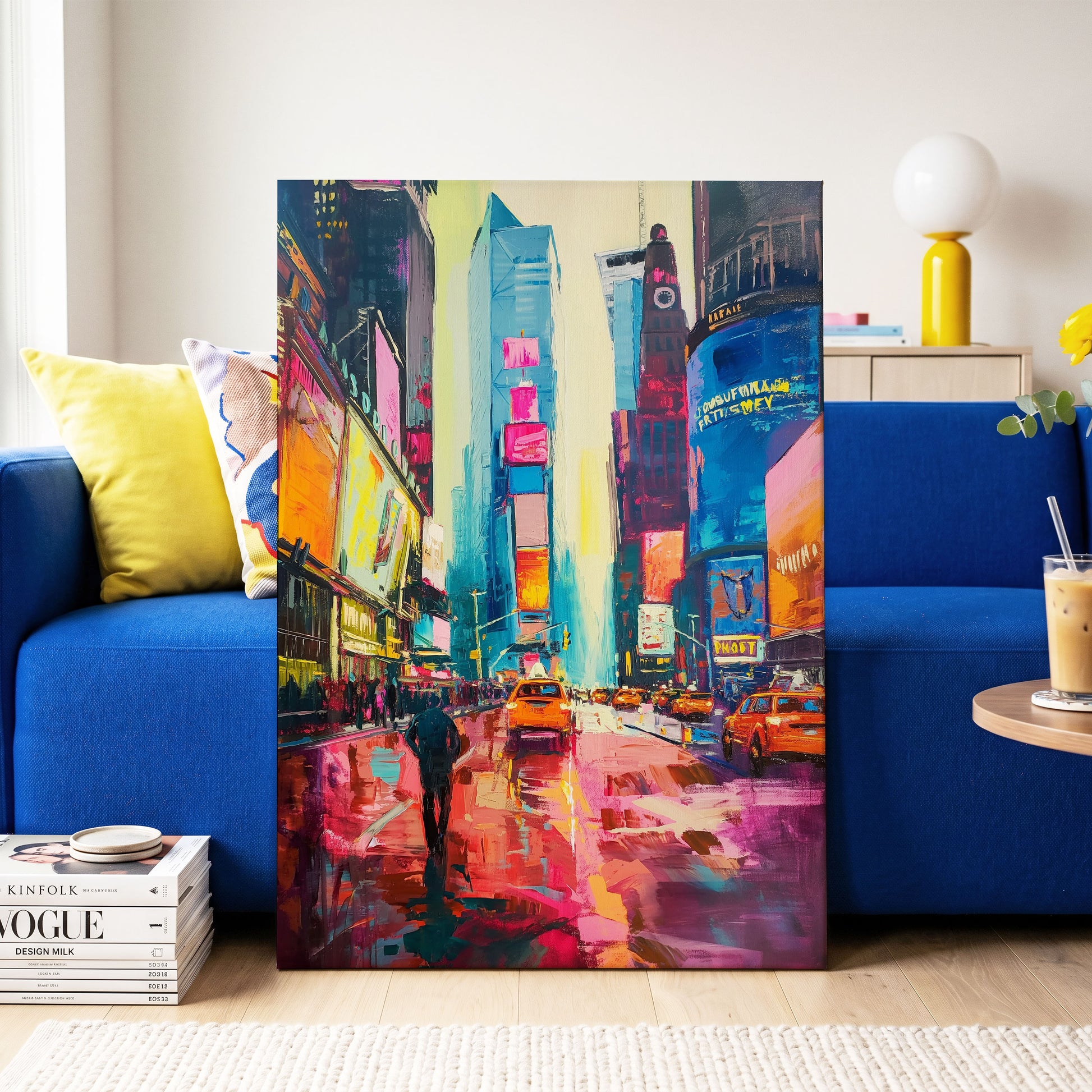 Neon Manhattan Rush, blue, pink, orange abstract wall art on canvas displayed in a styled interior, gallery view 2