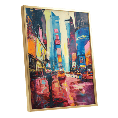 Neon Manhattan Rush, blue, pink, orange abstract wall art shown as a gold framed poster wall art print