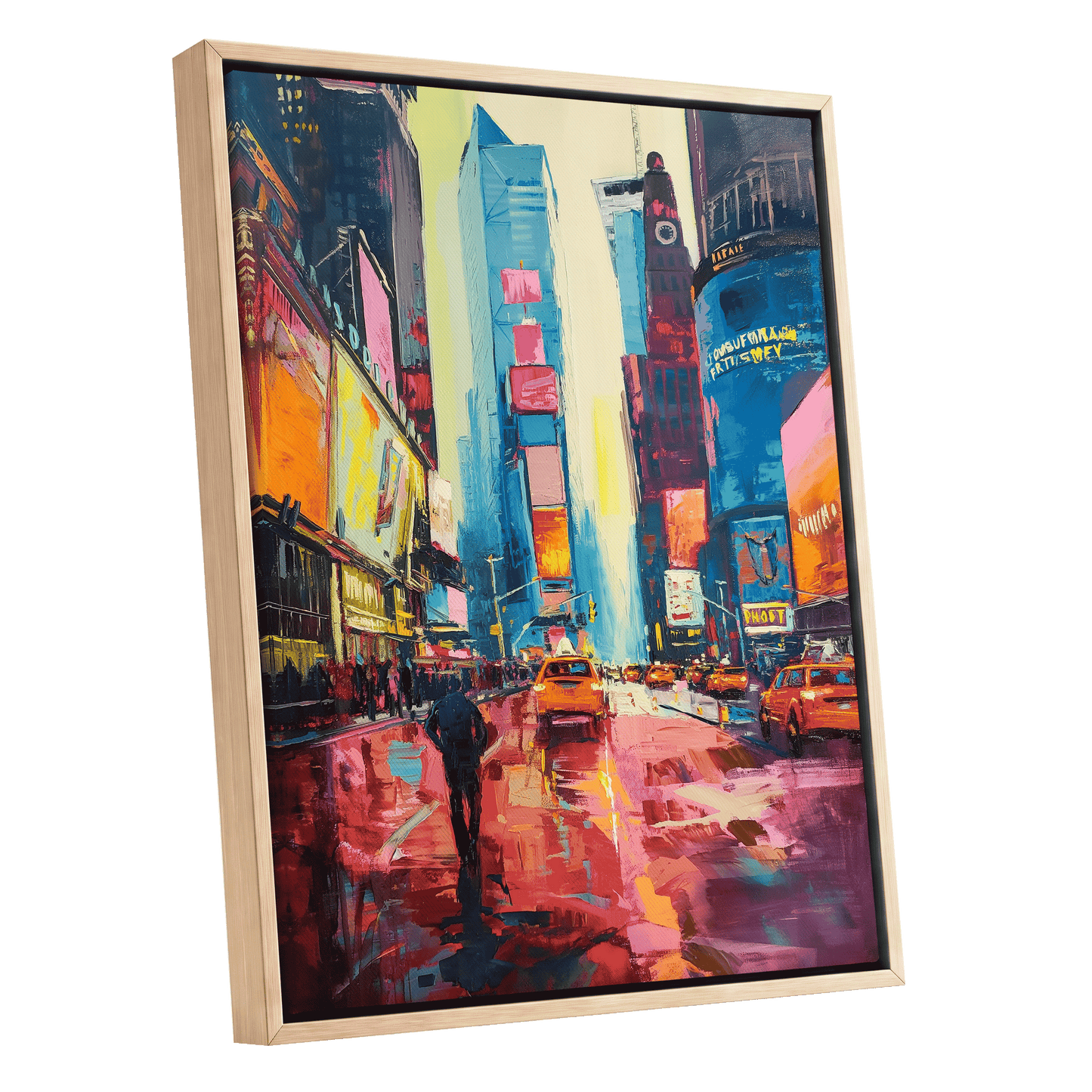 Neon Manhattan Rush, blue, pink, orange abstract wall art shown as a oak framed canvas wall art