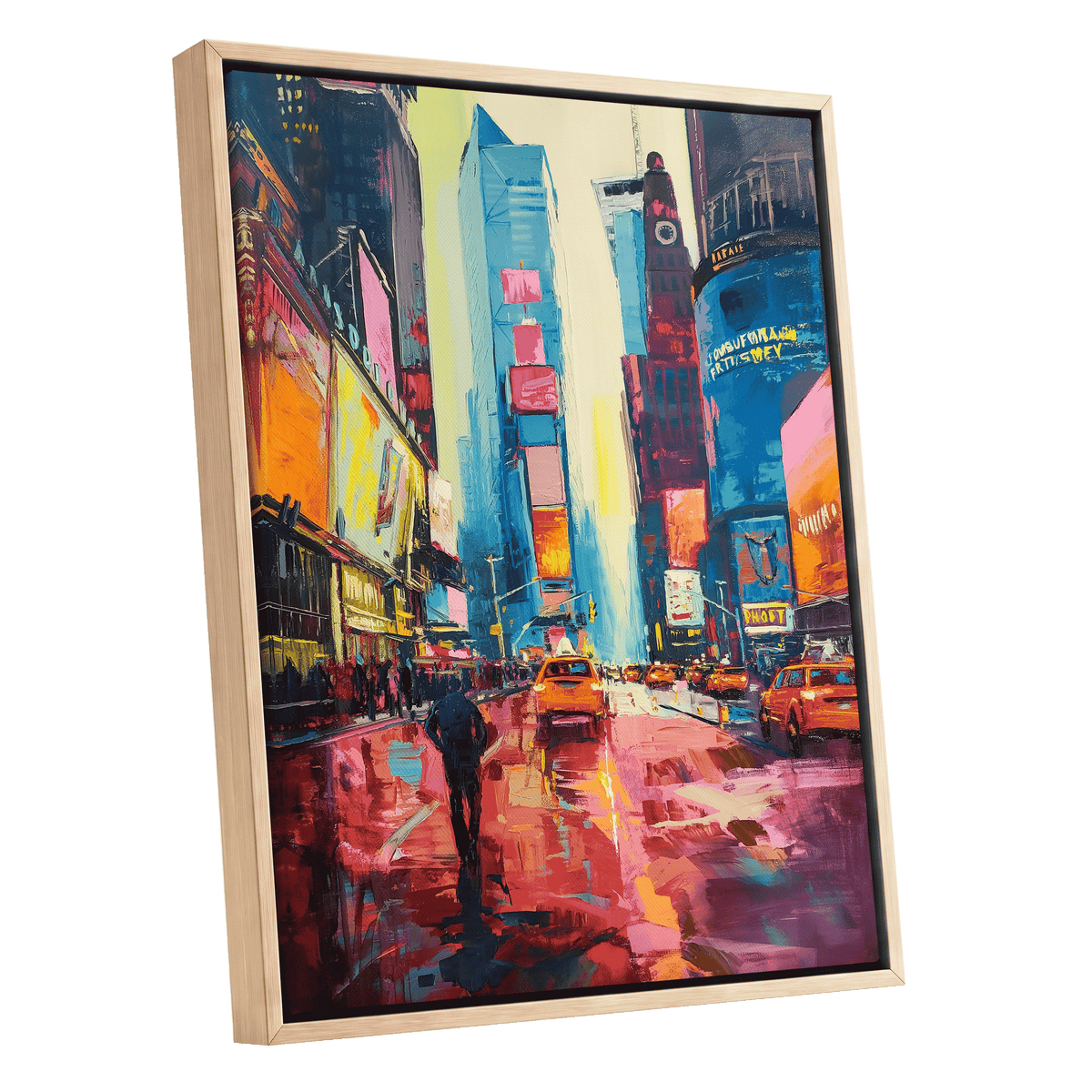 Neon Manhattan Rush, blue, pink, orange abstract wall art shown as a oak framed canvas wall art