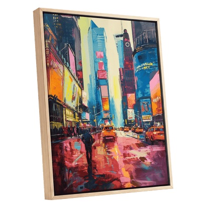 Neon Manhattan Rush, blue, pink, orange abstract wall art shown as a oak framed canvas wall art