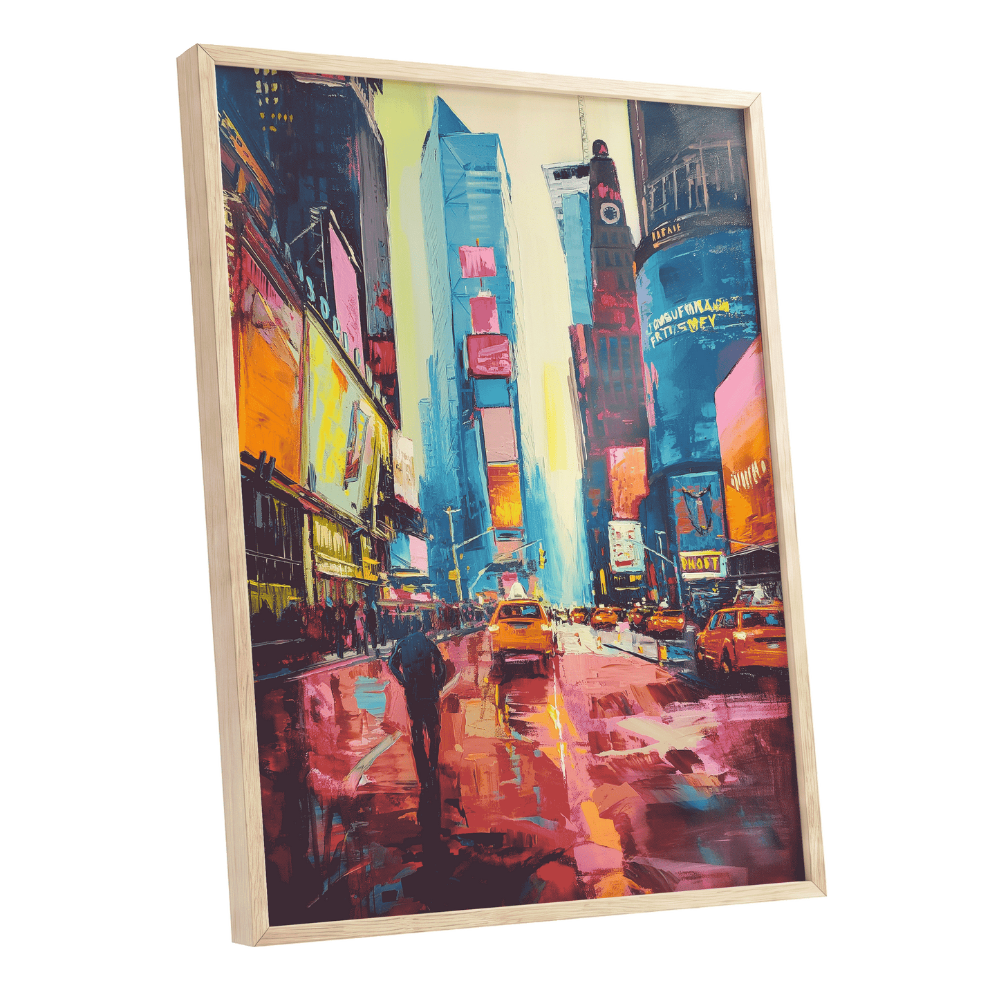 Neon Manhattan Rush, blue, pink, orange abstract wall art shown as a oak framed poster wall art print