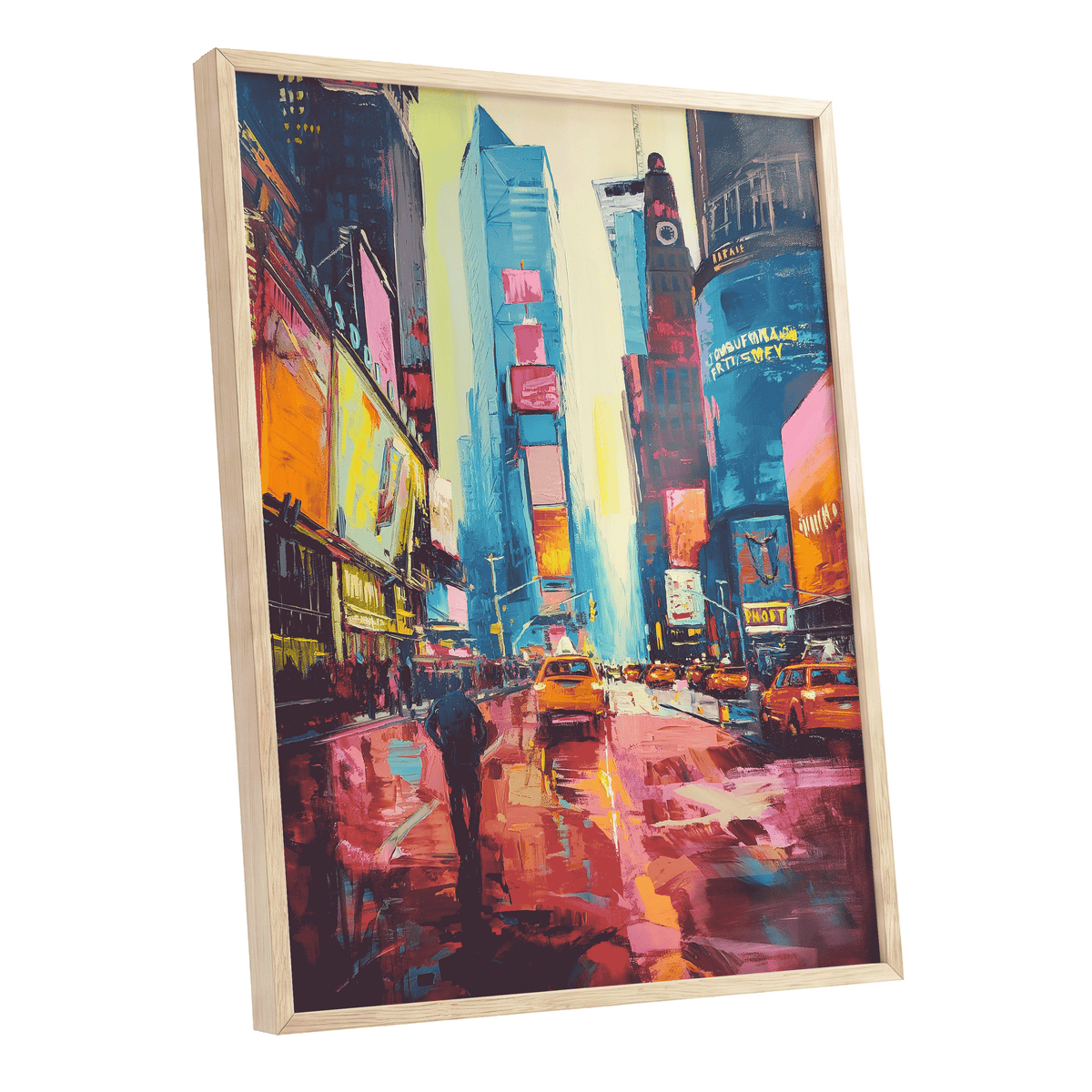 Neon Manhattan Rush, blue, pink, orange abstract wall art shown as a oak framed poster wall art print