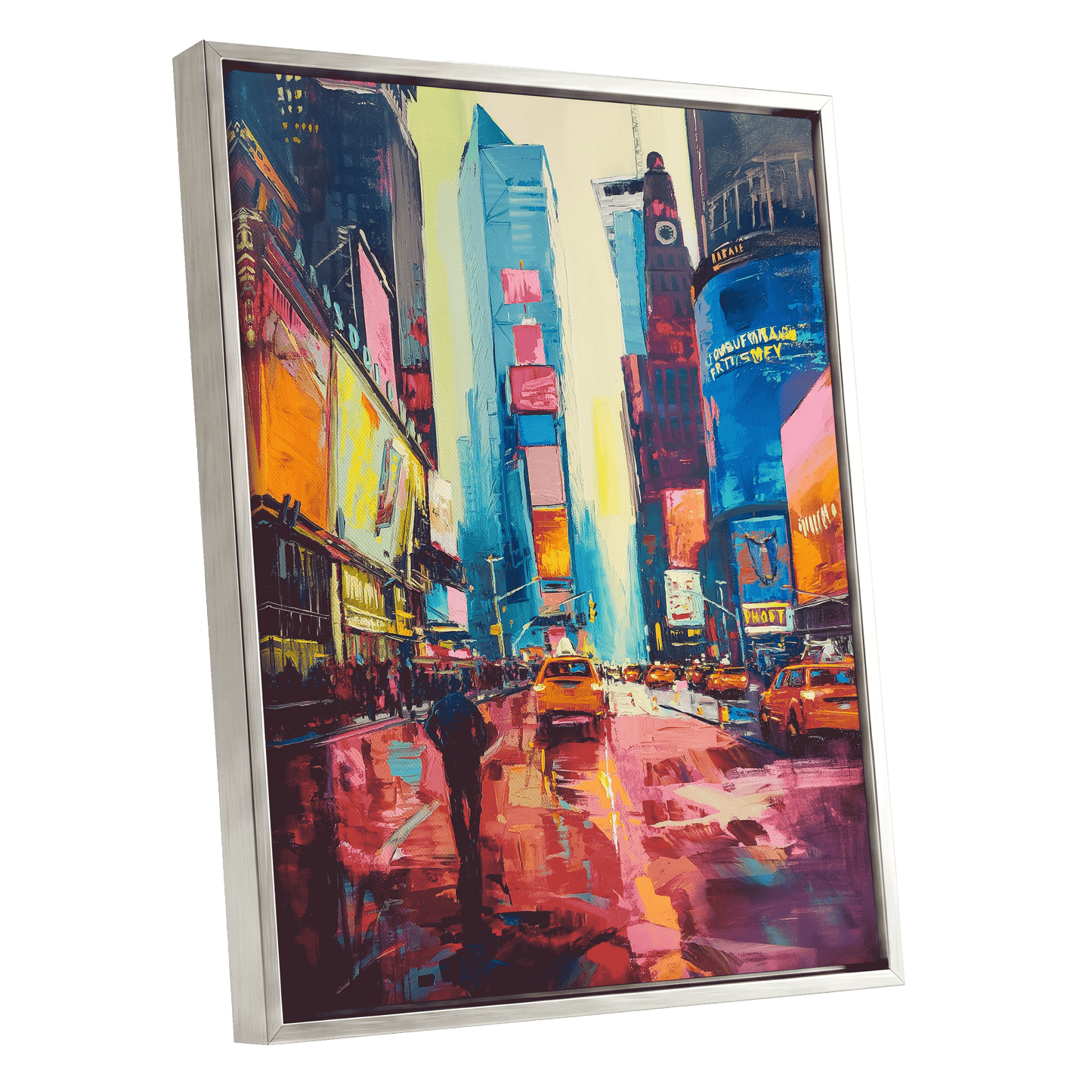 Neon Manhattan Rush, blue, pink, orange abstract wall art shown as a silver framed canvas wall art