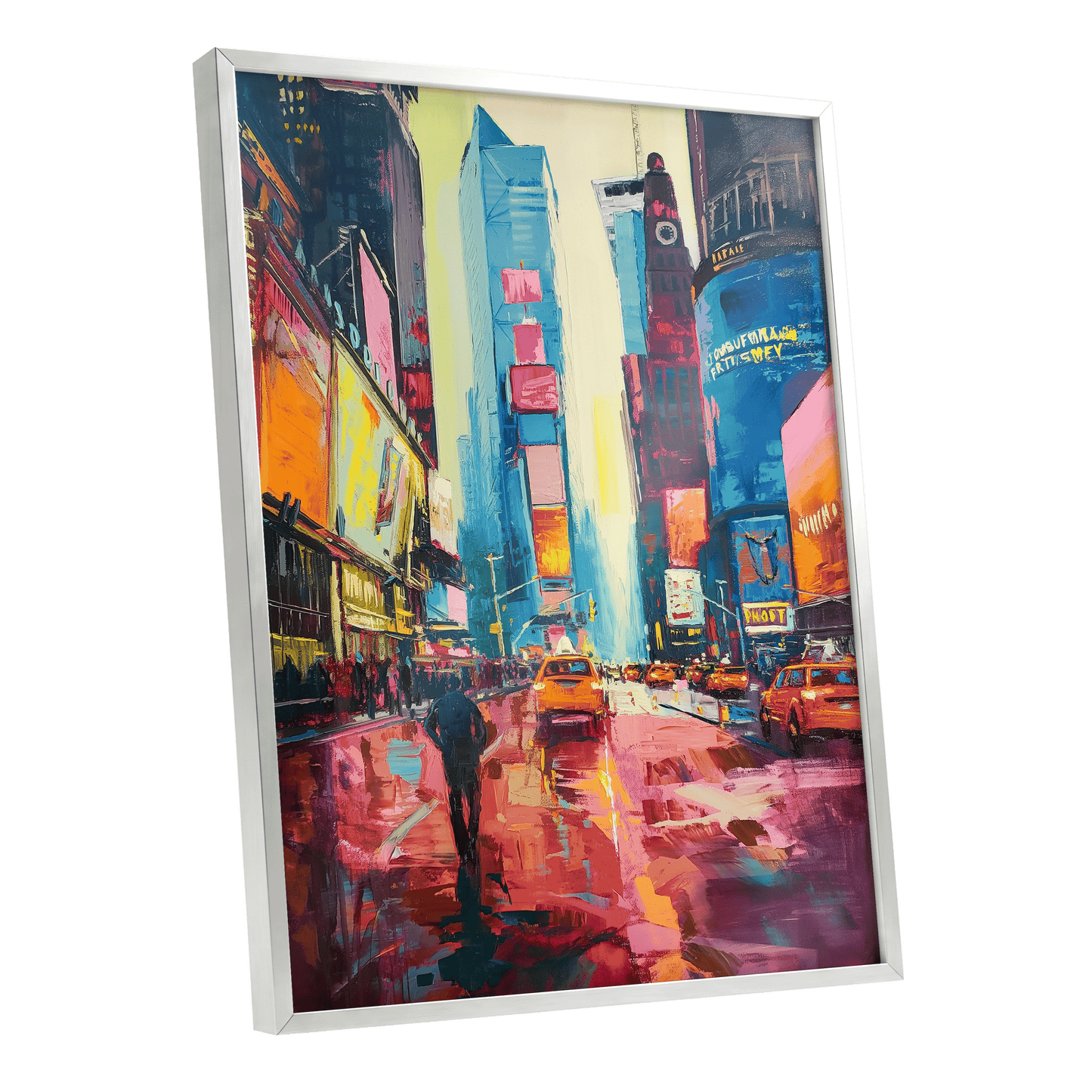 Neon Manhattan Rush, blue, pink, orange abstract wall art shown as a silver framed poster wall art print