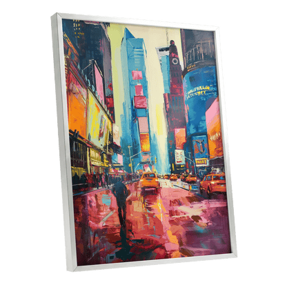 Neon Manhattan Rush, blue, pink, orange abstract wall art shown as a silver framed poster wall art print