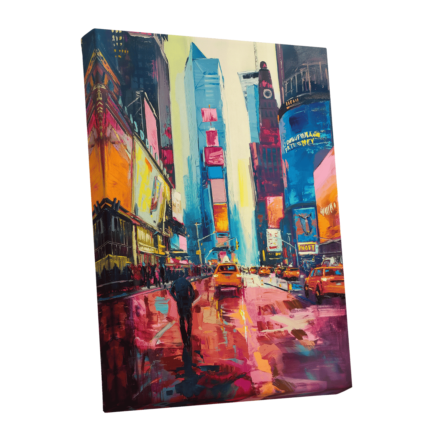 Neon Manhattan Rush, blue, pink, orange abstract wall art shown as a stretched canvas wall art