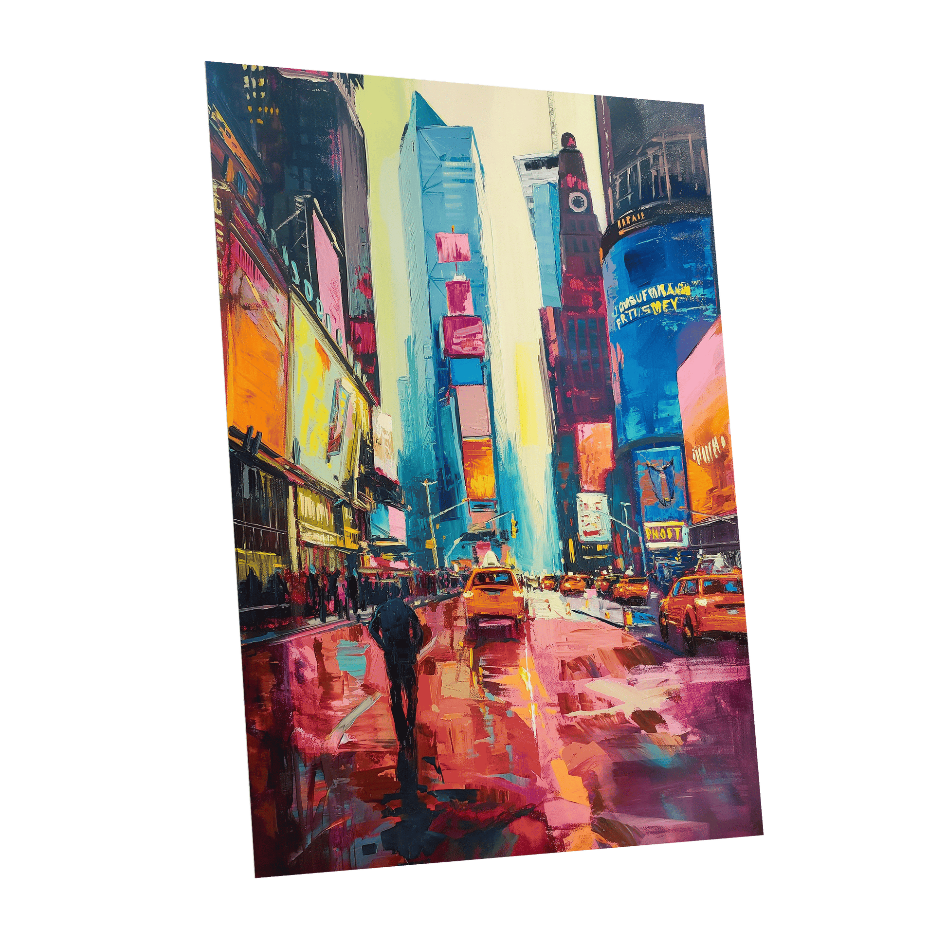 Neon Manhattan Rush, blue, pink, orange abstract wall art shown as a unframed poster wall art print