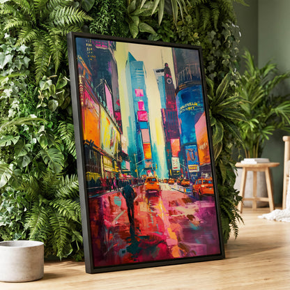 Neon Manhattan Rush, blue, pink, orange abstract wall art displayed in a styled interior, gallery view 1
