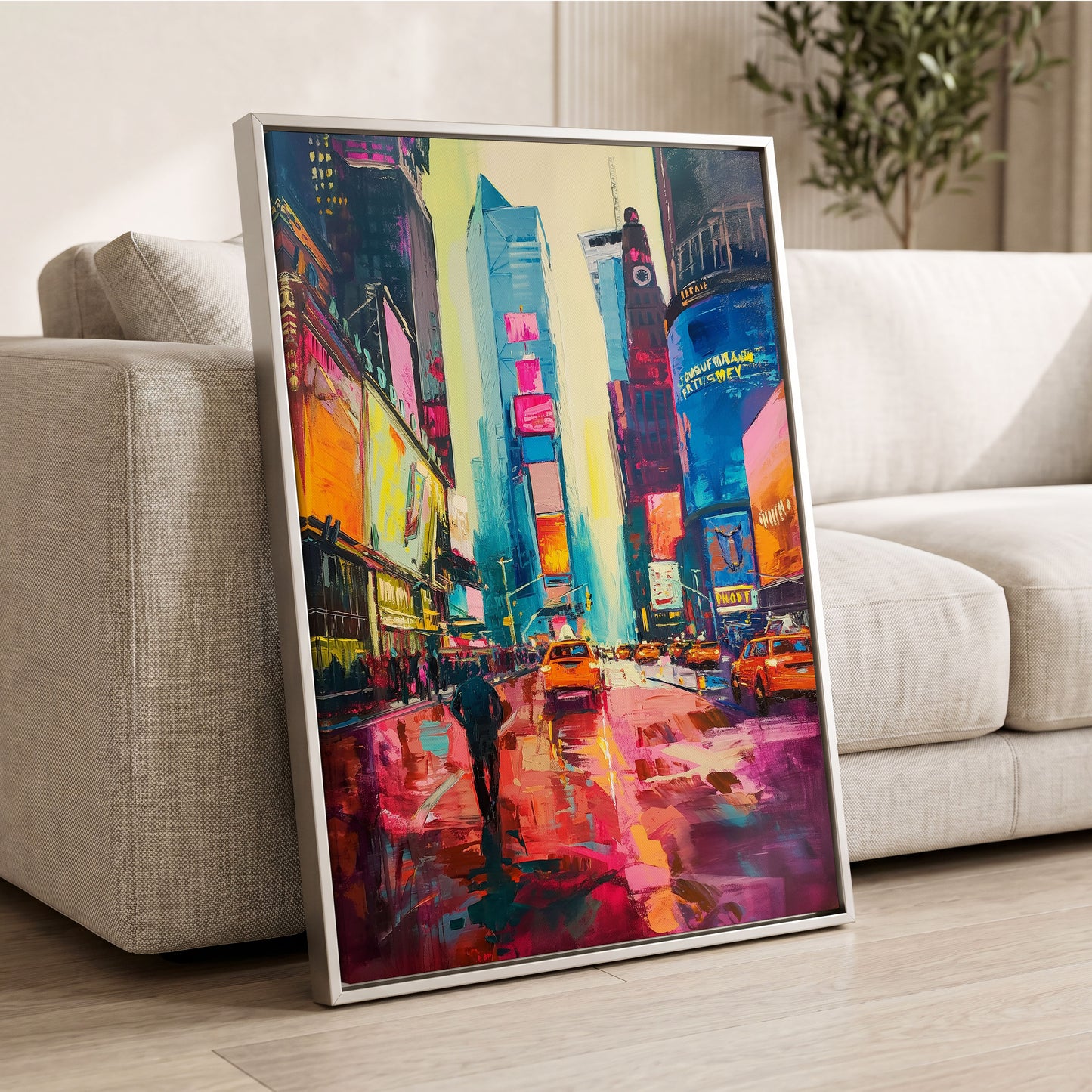 Neon Manhattan Rush, blue, pink, orange abstract wall art displayed in a styled interior, gallery view 2