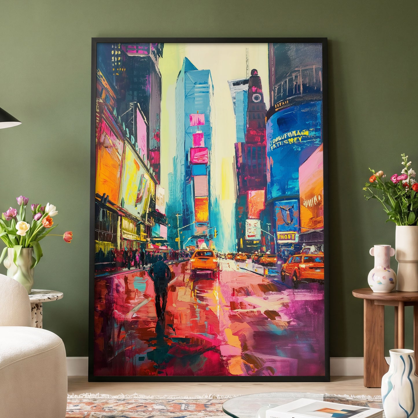 Neon Manhattan Rush, blue, pink, orange abstract wall art displayed in a styled interior, gallery view 4