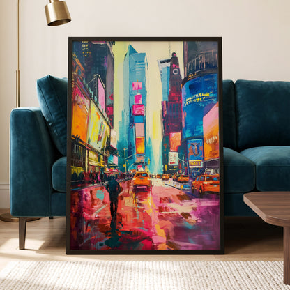 Neon Manhattan Rush, blue, pink, orange abstract wall art displayed in a styled interior, gallery view 5