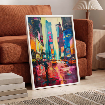 Neon Manhattan Rush, blue, pink, orange abstract wall art displayed in a styled interior, gallery view 6