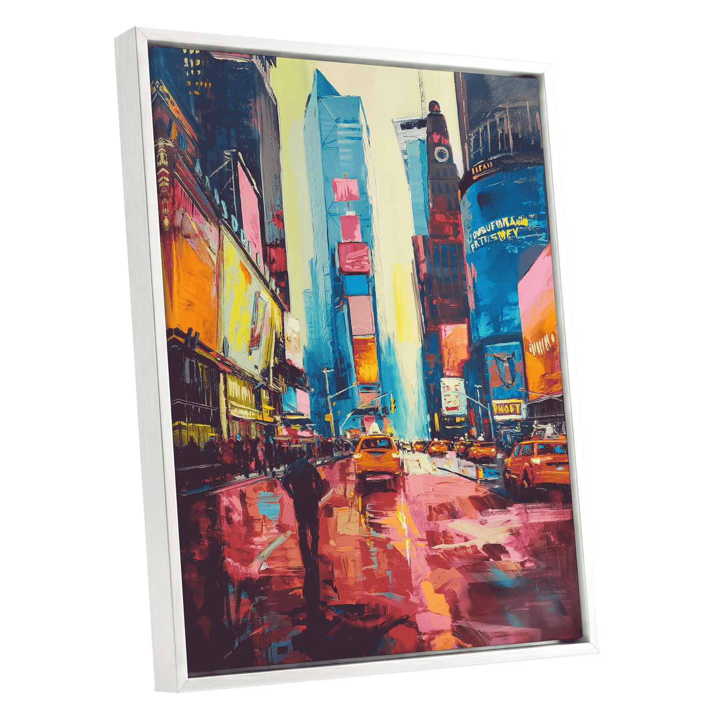 Neon Manhattan Rush, blue, pink, orange abstract wall art shown as a white framed canvas wall art