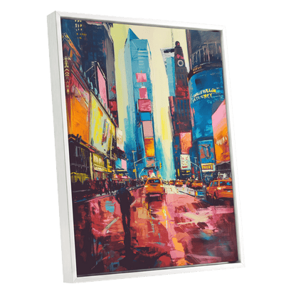 Neon Manhattan Rush, blue, pink, orange abstract wall art shown as a white framed canvas wall art