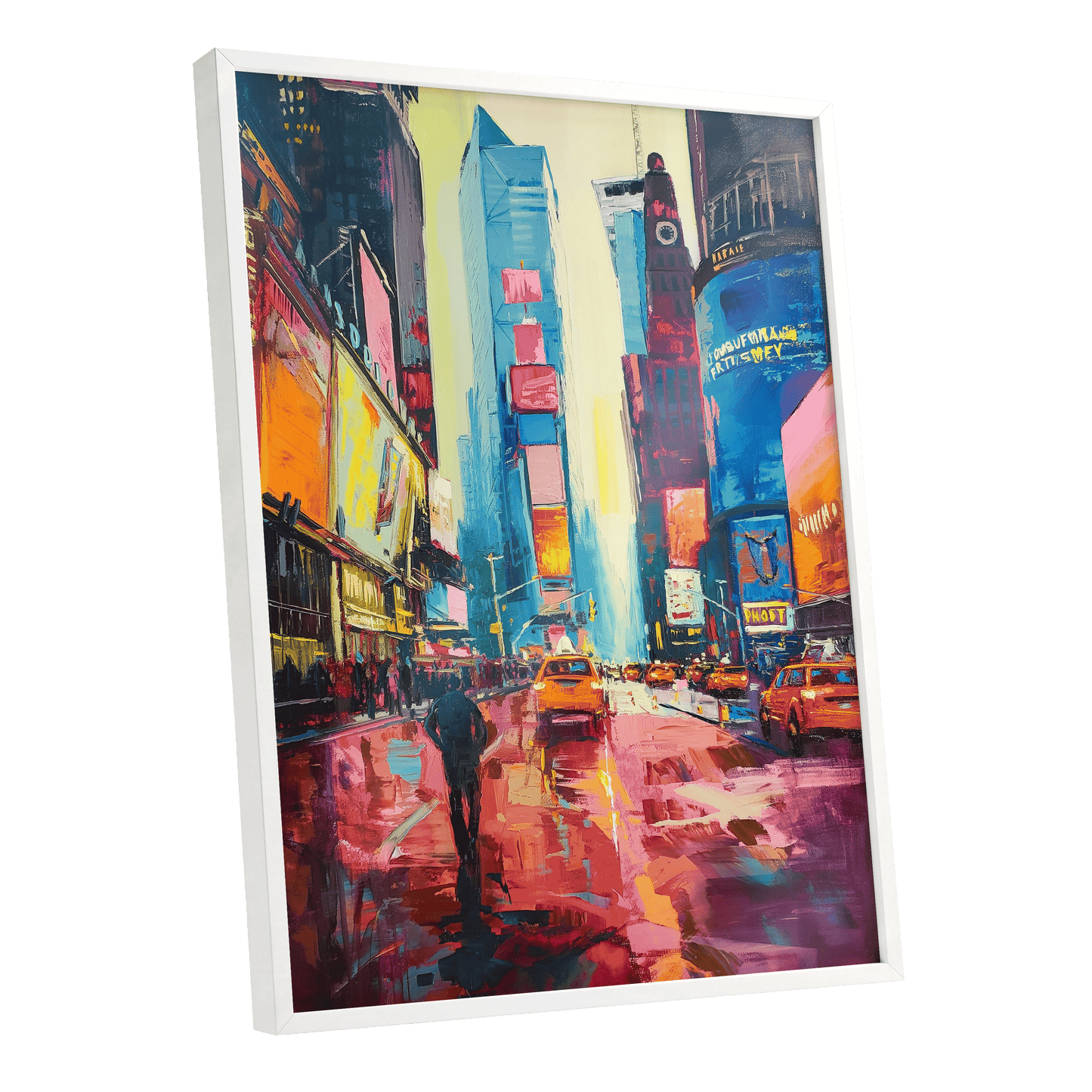 Neon Manhattan Rush, blue, pink, orange abstract wall art shown as a white framed poster wall art print