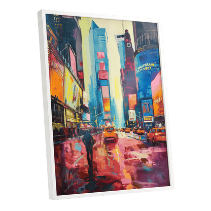 Neon Manhattan Rush, blue, pink, orange abstract wall art shown as a white framed poster wall art print