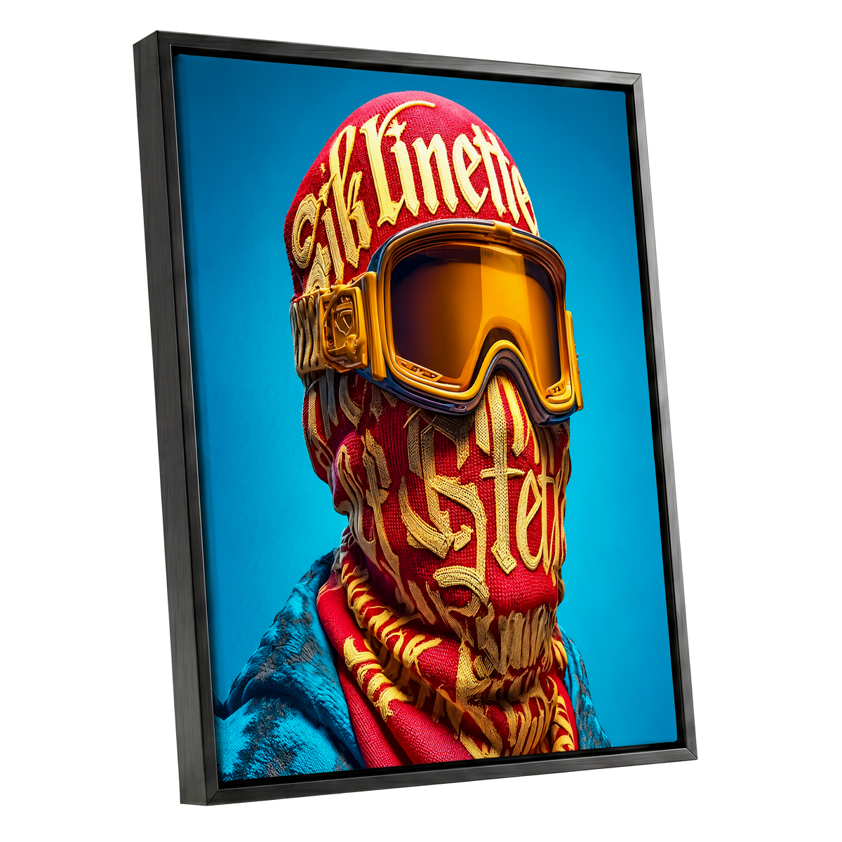 Neon Nomad, red, gold, blue abstract wall art shown as a black framed canvas wall art