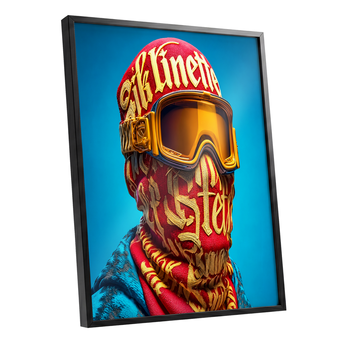 Neon Nomad, red, gold, blue abstract wall art shown as a black framed poster wall art print