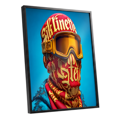 Neon Nomad, red, gold, blue abstract wall art shown as a black framed poster wall art print