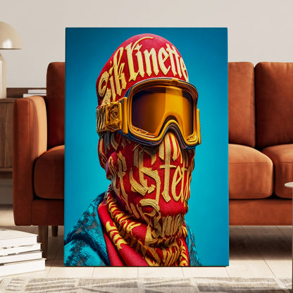 Neon Nomad, red, gold, blue abstract wall art on canvas displayed in a styled interior, gallery view 1