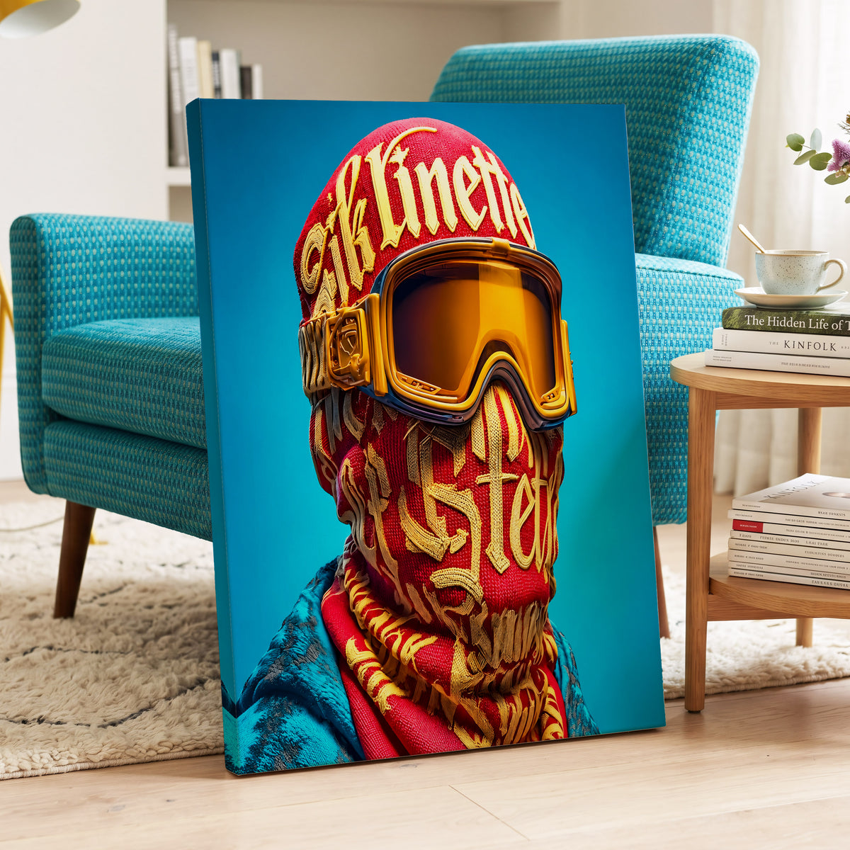 Neon Nomad, red, gold, blue abstract wall art on canvas displayed in a styled interior, gallery view 2