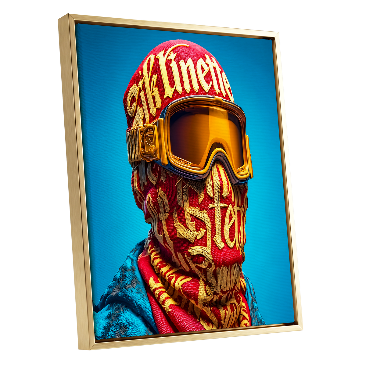 Neon Nomad, red, gold, blue abstract wall art shown as a gold framed canvas wall art