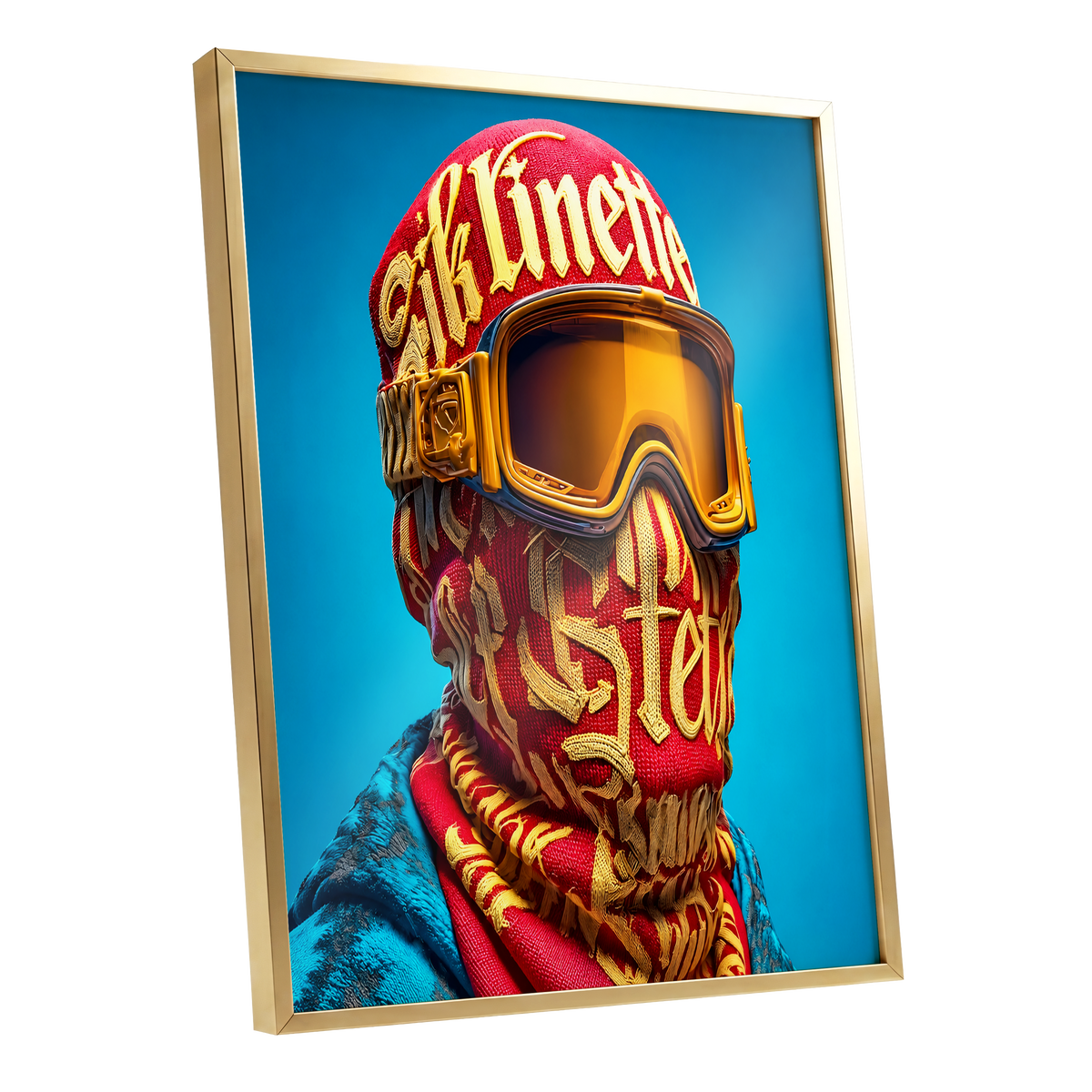 Neon Nomad, red, gold, blue abstract wall art shown as a gold framed poster wall art print